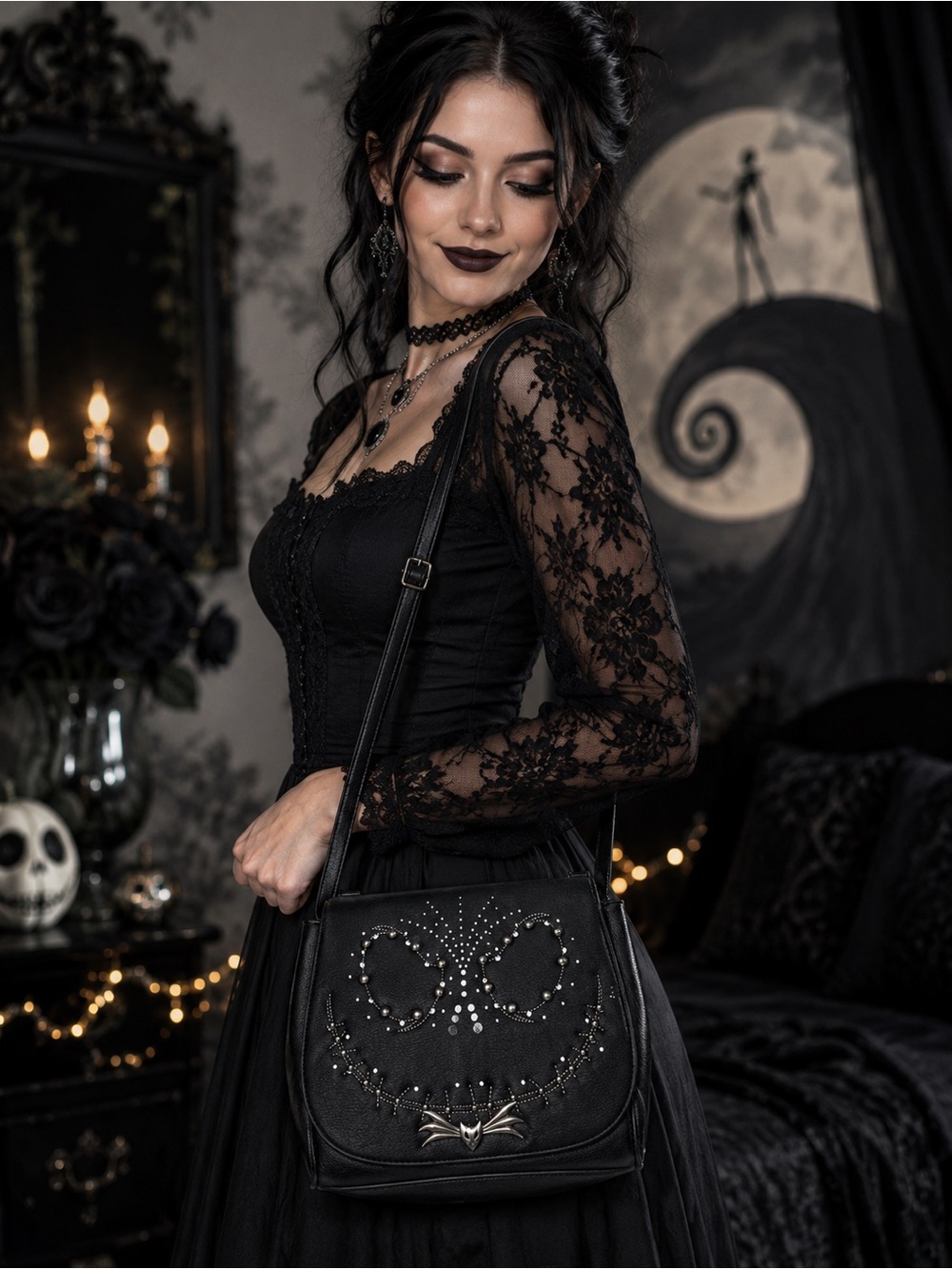 Loungefly Nightmare Before Christmas Black Studded Crossbody Bag with Bat Accent - Picture 2 of 7